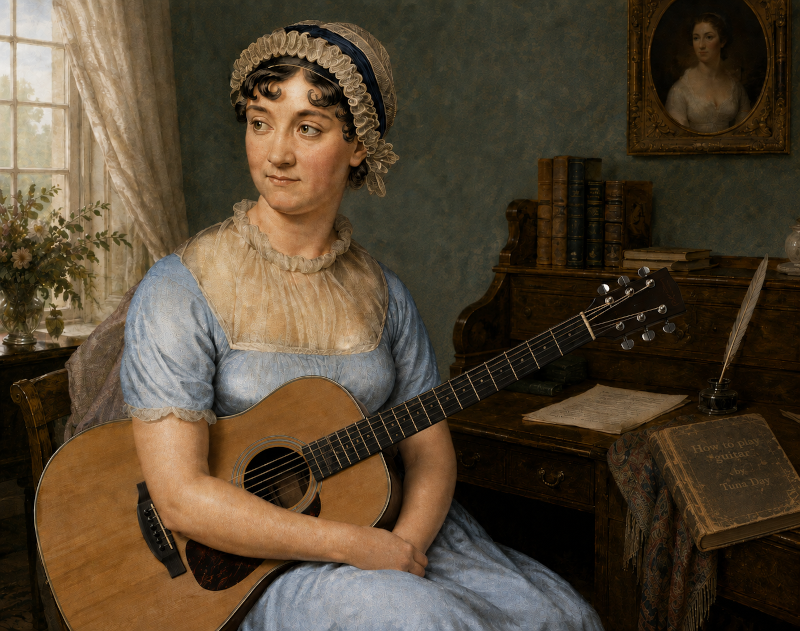 Jane Austen playing a guitar